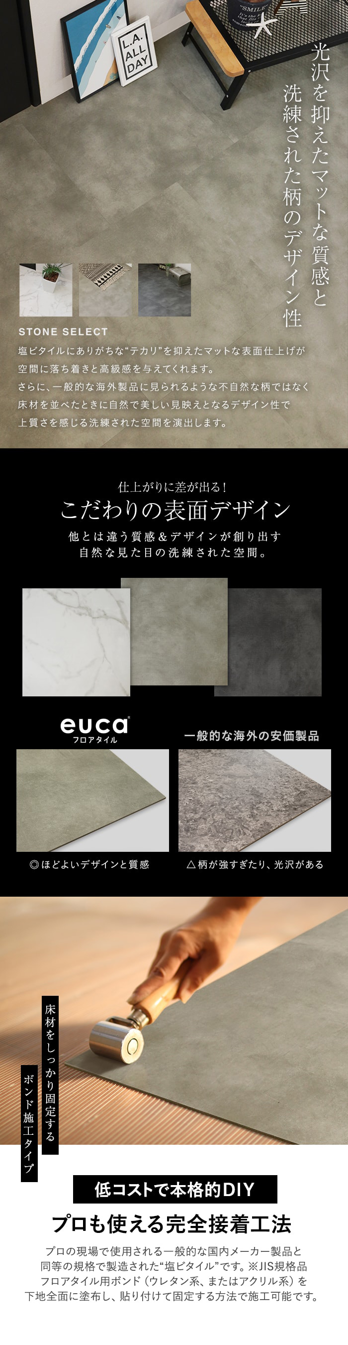 フロアタイル euca 石目柄 ストーンセレクト 2.5mm厚 450mm×450mm 18枚入り 約3.64平米
