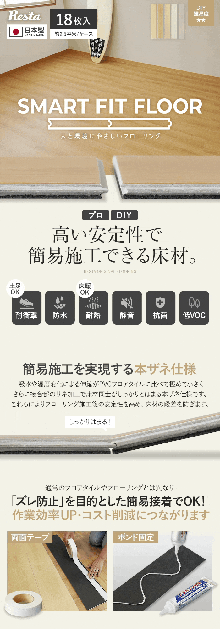 【オレフィン製PP床材】 人と環境にやさしいフローリング(フロアタイル) スマートフィットフロア 4.2mm厚 152.4mm×914.4mm 18枚入 約2.5平米 日本製