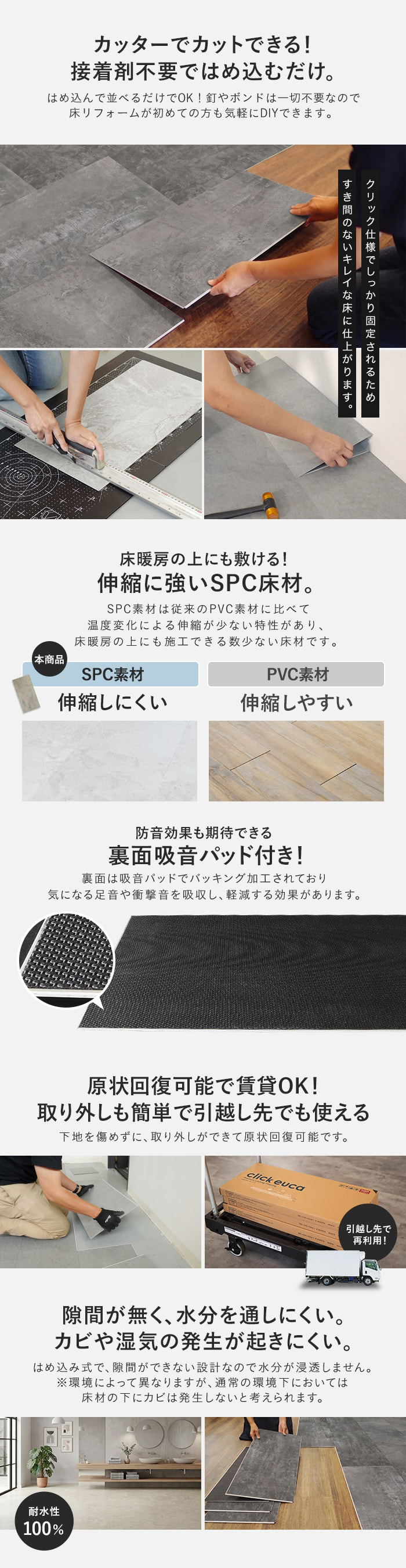【西濃運輸便】はめ込み式フロアタイル クリックeuca ストーンstyle 5mm厚 305mm×610mm 8枚入り 約1.49平米 コンクリート 大理石