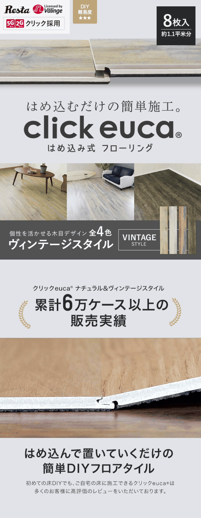 はめ込み式フローリング クリックeuca ヴィンテージstyle 5mm厚 150mm×935mm 8枚入り 約1.1平米