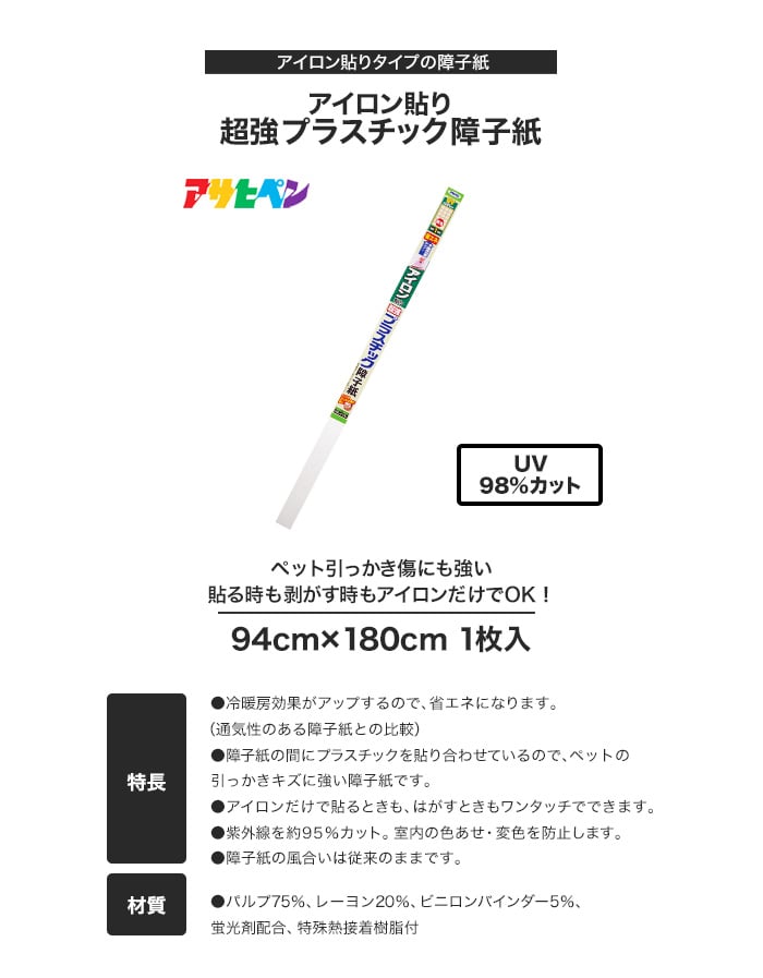 ペットの引っかき傷にも強い アイロン貼り超強プラスチック障子紙 94cm×1.8m