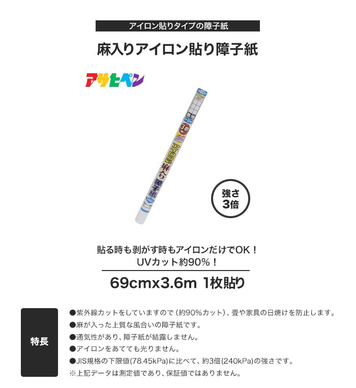 UV3倍強い麻入りアイロン貼り障子紙 69cmx3.6m 障子の通販 DIYショップRESTA