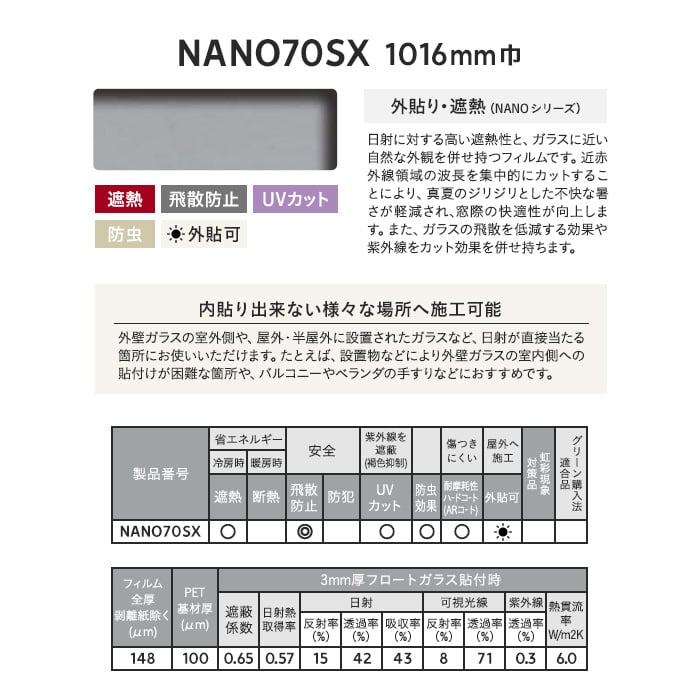 3M ガラスフィルム スコッチティント 外貼り・遮熱(NANO シリーズ) NANO70SX 1016mm巾 DIYショップRESTA