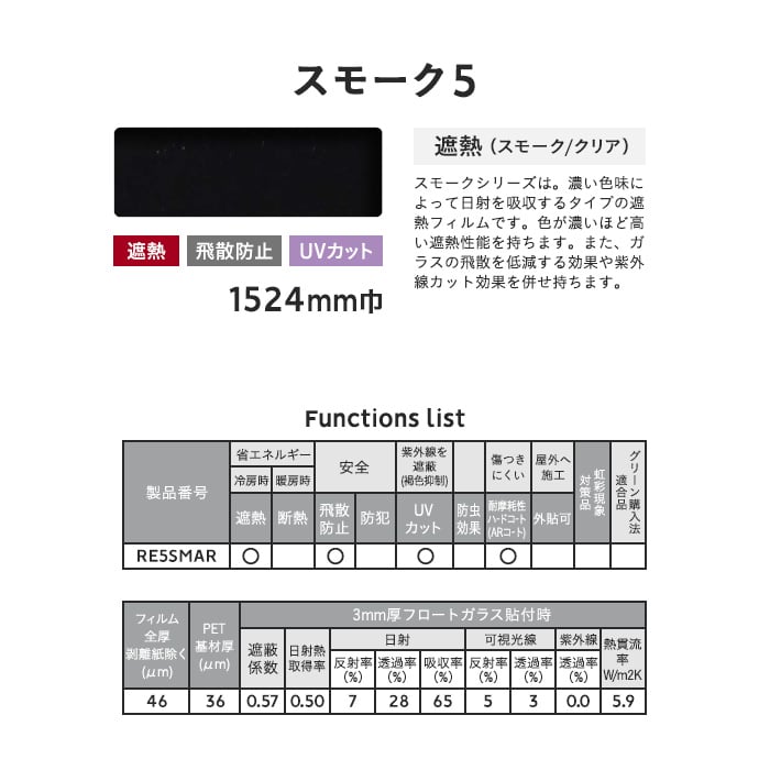 最安値挑戦！】 窓ガラス フィルム 3M スモーク5 RE5SMAR 1524mm幅×1m以上10cm単位 UVカット ティント 飛散防止 遮熱シート 