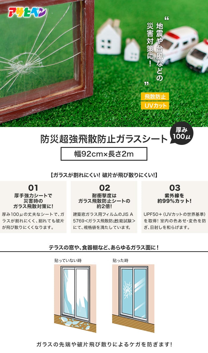 アサヒペン ＵＶカット防災超強飛散防止シート ９２ＣＭＸ２Ｍ ＢＨ?１１ クリヤ ４本セット