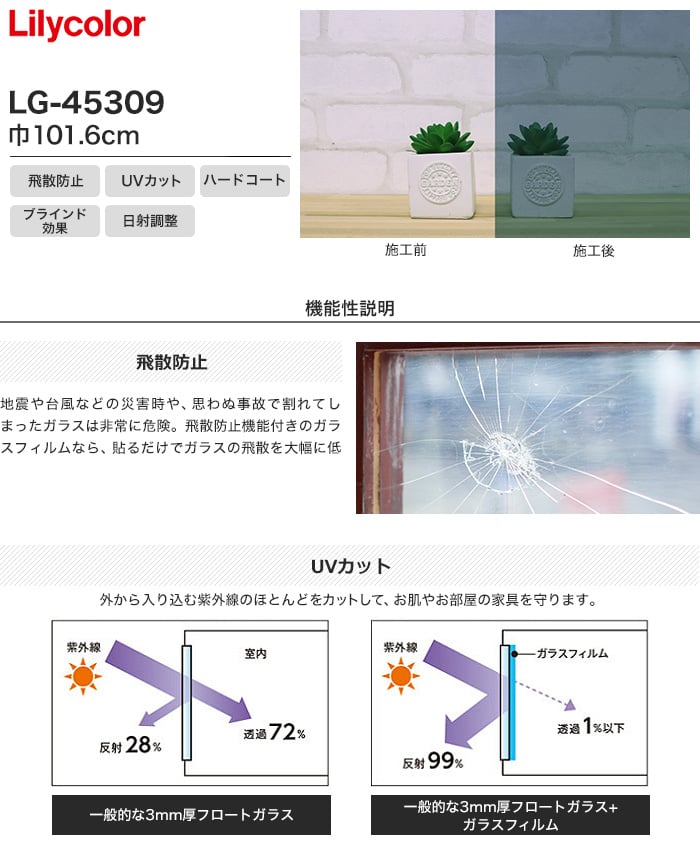 ガラスフィルム 窓の保護や目隠しに リリカラ 機能性タイプ LG-45309 巾101.6cm