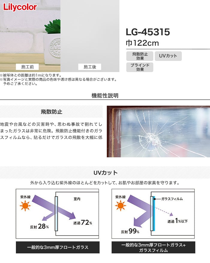 ガラスフィルム 窓の保護や目隠しに リリカラ 装飾タイプ LG-45315 巾122cm