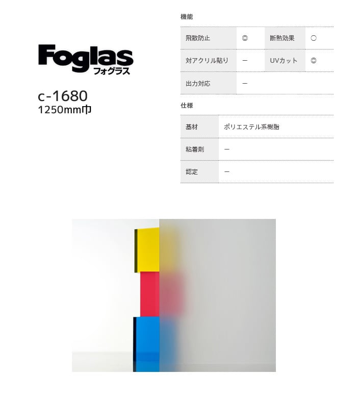 中川ケミカル ガラスフィルム Foglas 1250mm×20m c-1680