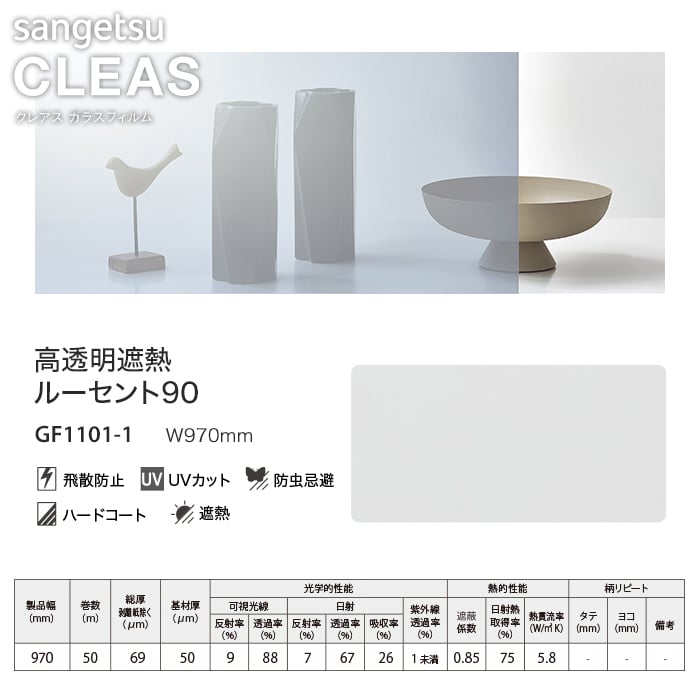 サンゲツ ガラスフィルム 高透明遮熱ルーセント90 97cm巾 GF1101-1