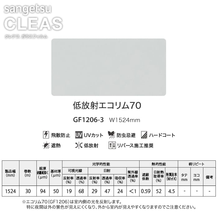 サンゲツ ガラスフィルム 低放射エコリム70 152.4cm巾 GF1206-3