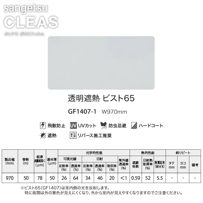 サンゲツ ガラスフィルム 透明遮熱ビスト65 97cm巾 GF1407-1