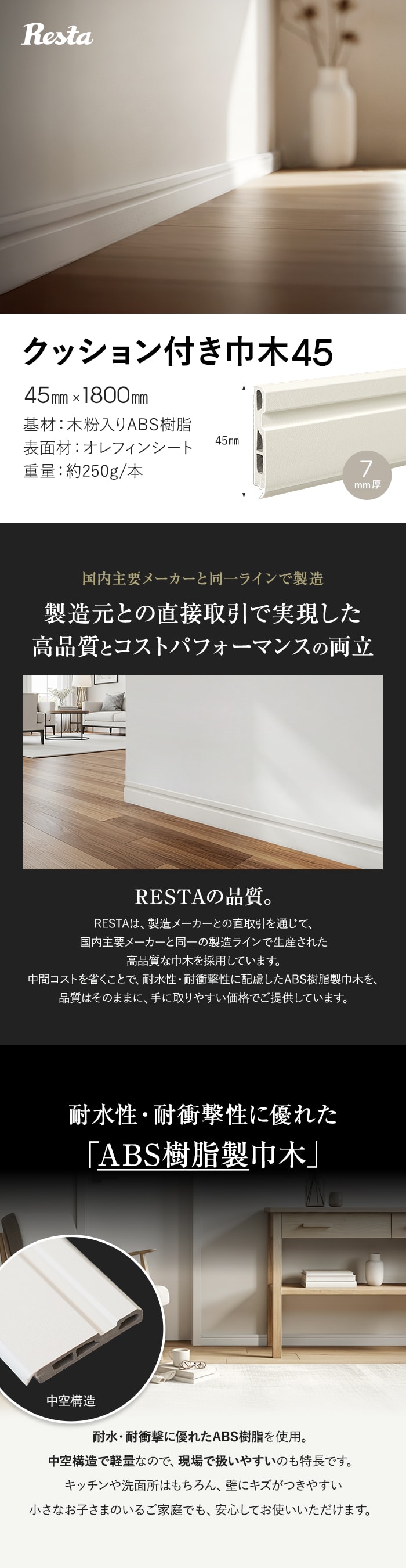 巾木 クッション付き巾木45 高さ45mm 厚さ7mm 長さ1800mm 1本 白