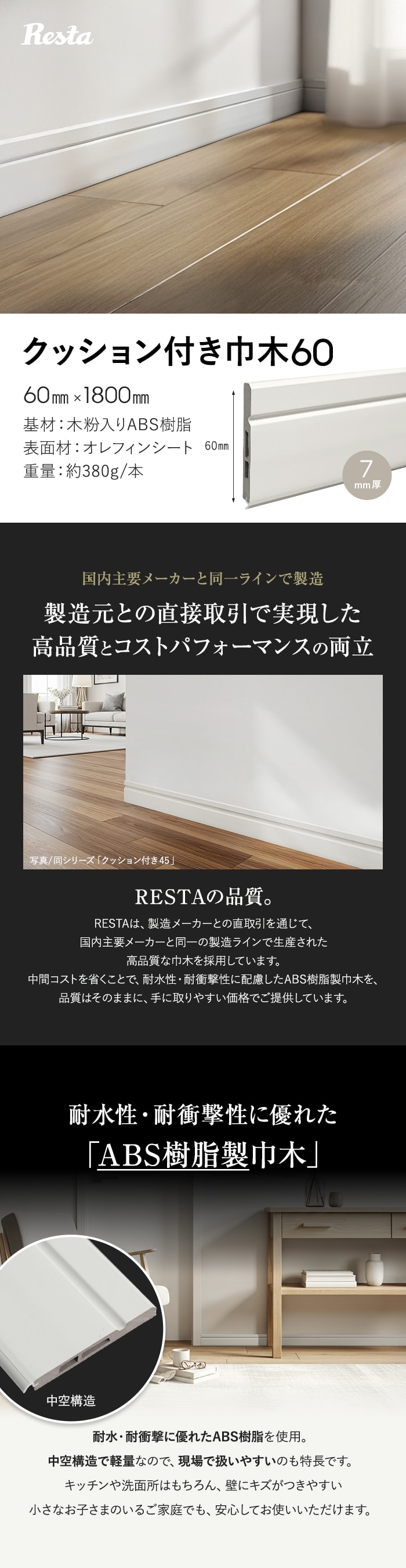 巾木 クッション付き巾木60 高さ60mm 厚さ7mm 長さ1800mm 1本 白