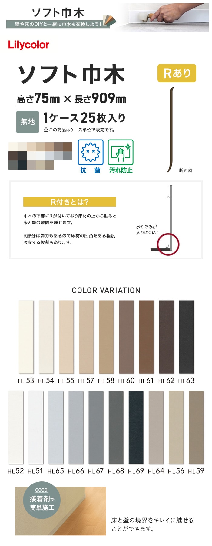 ソフト巾木 リリカラ 高さ75mm×長さ909mm 25枚入 無地 Rアリ