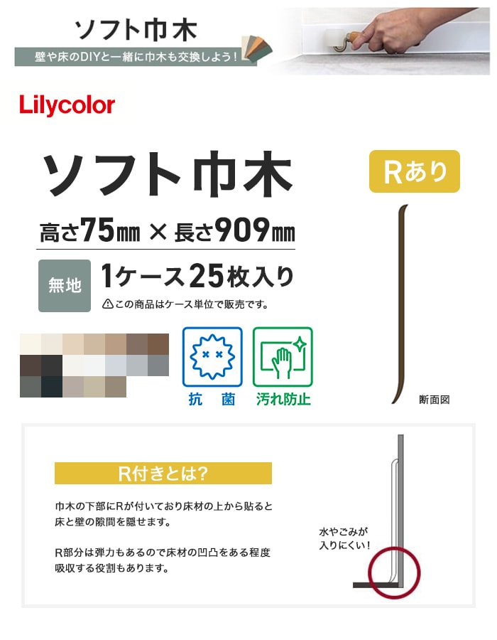 ソフト巾木 リリカラ 高さ75mm×長さ909mm 25枚入 無地 Rアリ