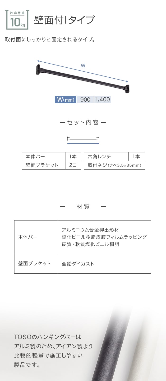 ハンギングバー TOSO H-1 壁面付Iタイプ W1400mm