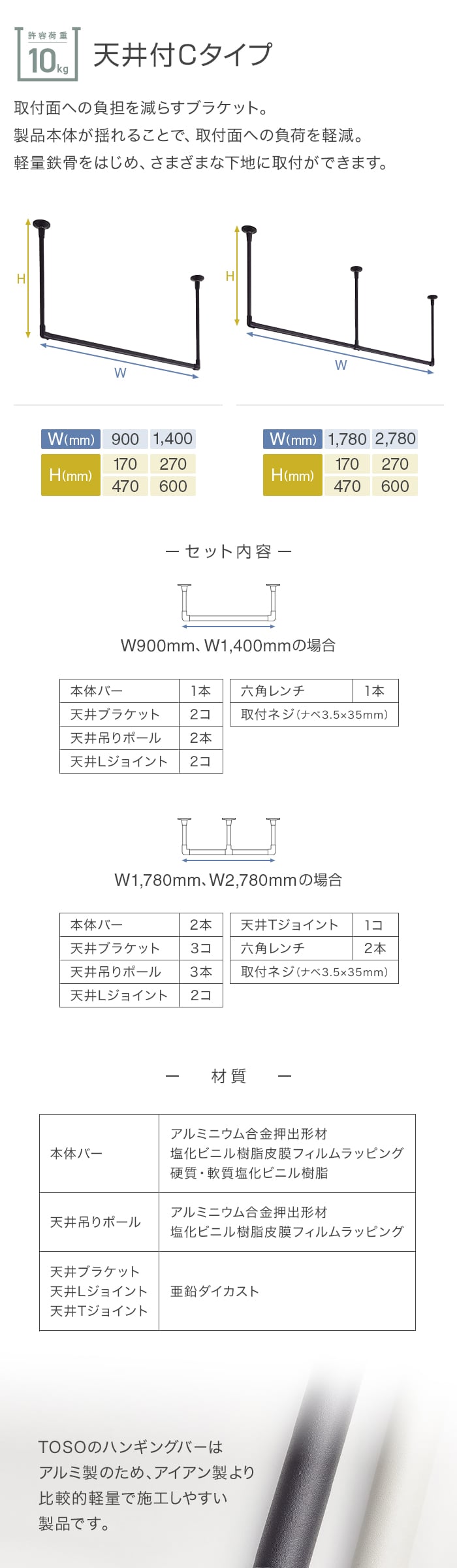 ハンギングバー TOSO H-2 天井付Cタイプ(軽天下地対応) W900×H600mm