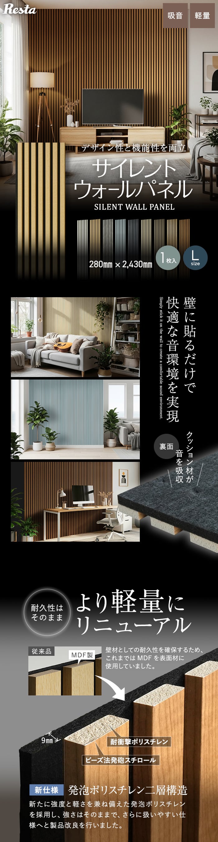 【法人配送】吸音 壁パネル サイレントウォールパネル 18×280×2430mm(L)