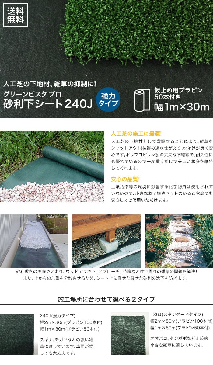 人工芝の下地材に！ グリーンビスタ プロ 砂利下シート 240J(強力タイプ) 幅1m×30m (プラピン50本付)