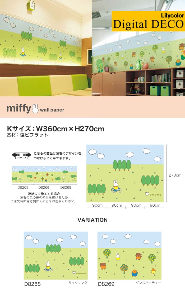 【のりなし壁紙】リリカラ デジタル・デコ miffy サイクリング・ダンスパーティー 塩ビフラット Kサイズ