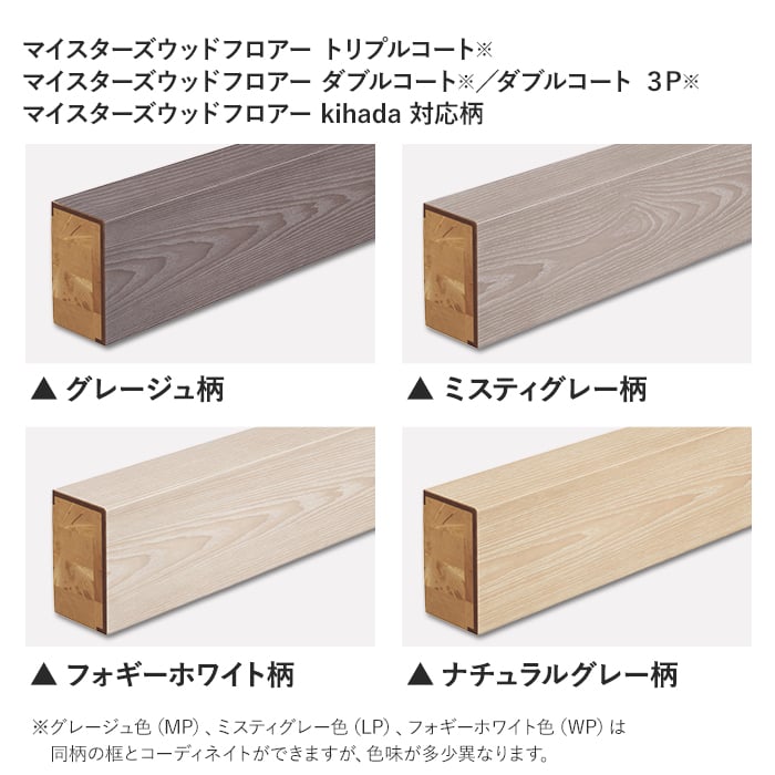 グレージュ色(MP)、ミスティグレー色(LP)、フォギーホワイト色(WP）は同柄の框とコーディネイトができますが、色味が多少異なります。