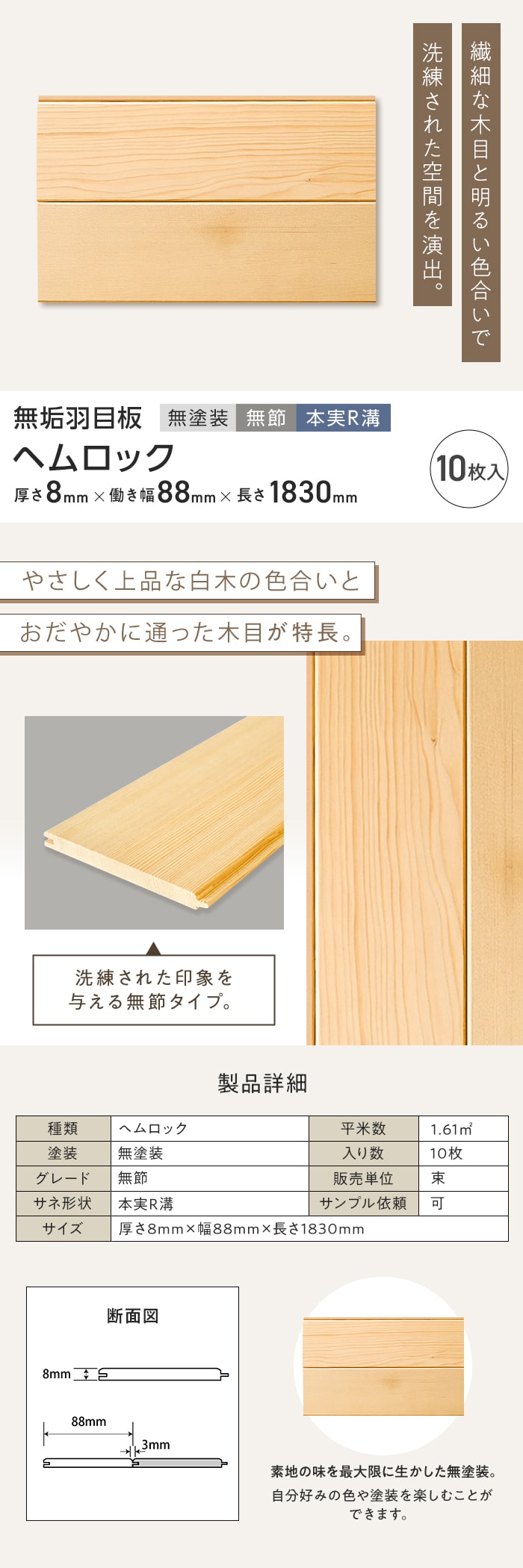 ヘムロック 羽目板 無塗装 無節 本実R溝加工 8×88×1830mm (10枚入り)