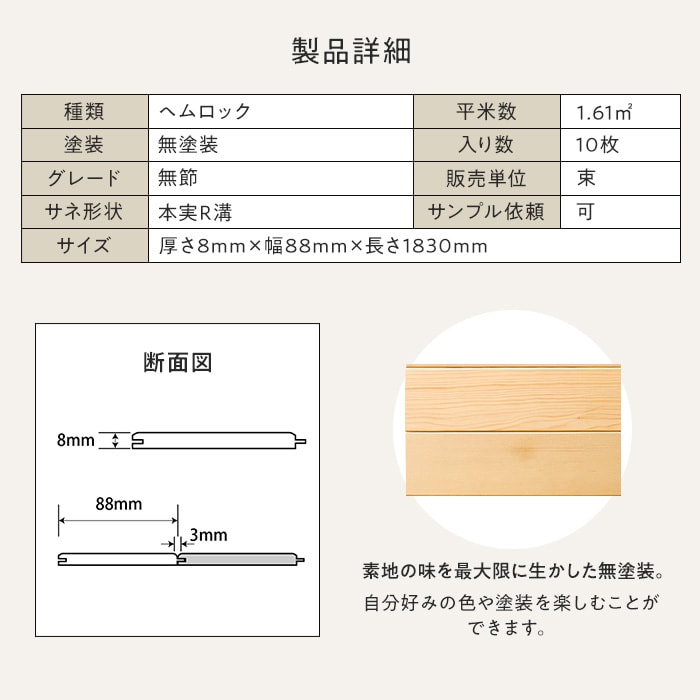 ヘムロック 羽目板 無塗装 無節 本実R溝加工 8×88×1830mm (10枚入り)