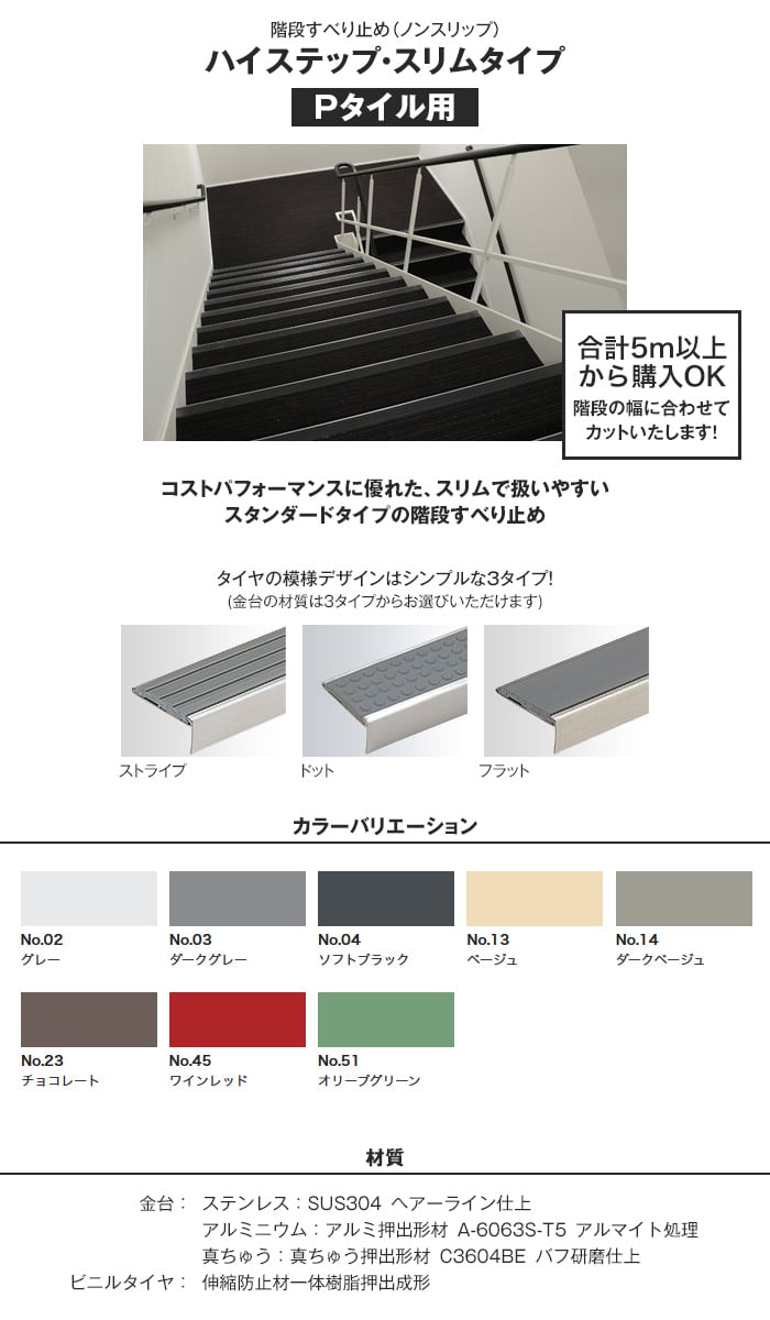階段すべり止め(ノンスリップ) ナカ工業ハイステップ スリムタイプ 【Pタイル用】