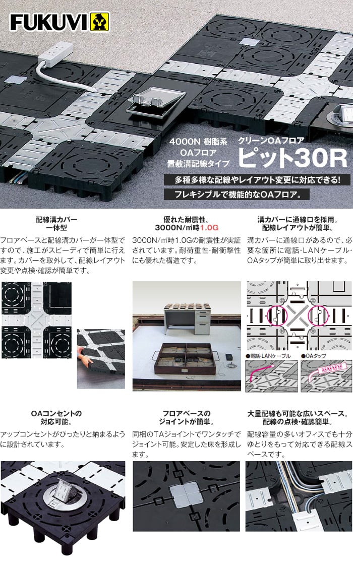 フクビ OAフロア ピット30Rパネル 置敷溝配線タイプ 4枚入(1平米)500×500×H30mm