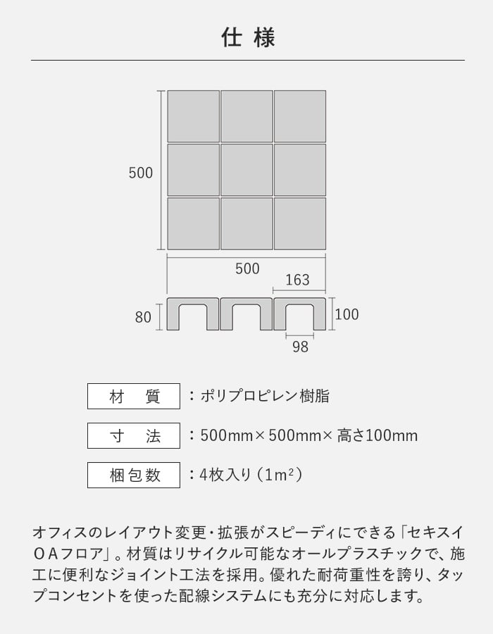 積水OAフロア PPN100 樹脂製置敷きタイプ4枚入（1平米）500×500×H100mm