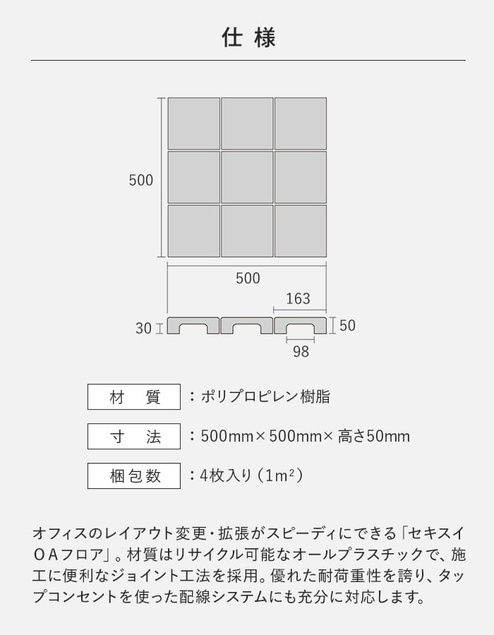 積水OAフロア PPN50 樹脂製置敷きタイプ4枚入（1平米）500×500×H50mm