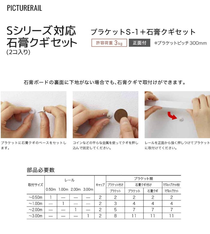 TOSO ピクチャーレール Sシリーズ対応 石膏クギセット(2コ入り)