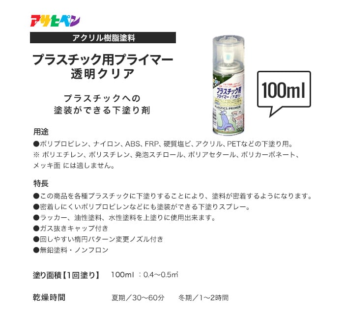 アサヒペン プラスチック用プライマー 100ml 透明クリア