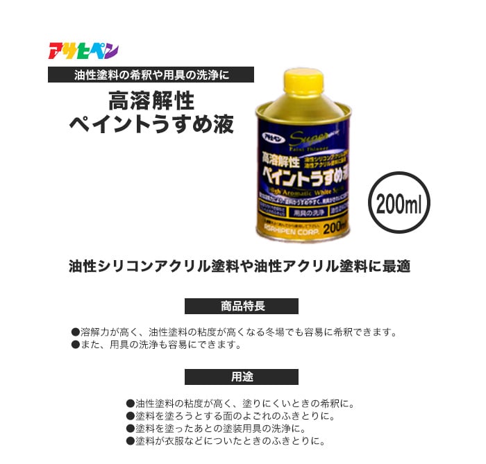 アサヒペン 合成樹脂塗料用シンナー 高溶解性ペイントうすめ液 200ml 塗料の通販 DIYショップRESTA