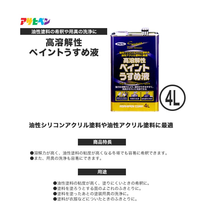 アサヒペン 合成樹脂塗料用シンナー 高溶解性ペイントうすめ液 4L 塗料の通販 DIYショップRESTA