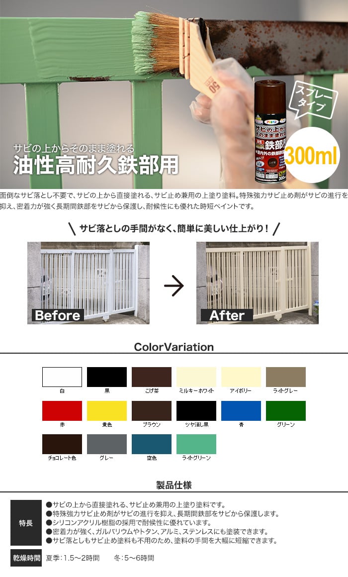サビの上からそのまま塗れる油性高耐久鉄部用スプレータイプ 300ml Resta