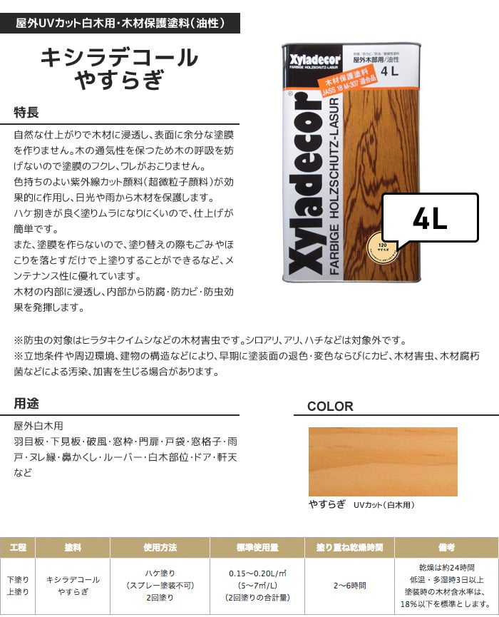 屋外UVカット白木用・木材保護塗料(油性) キシラデコール やすらぎ 4L
