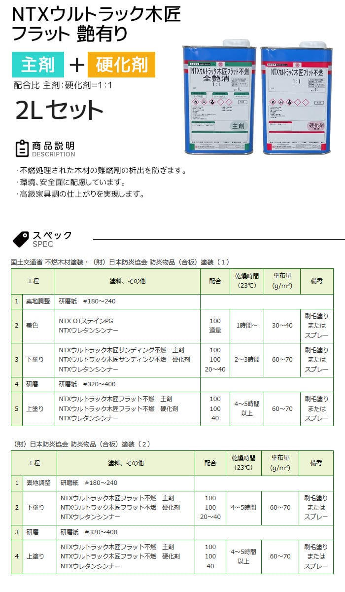 【大阪塗料】NTXウルトラック木匠フラット不燃(主剤・硬化剤セット)(全艶消) 2L 透明