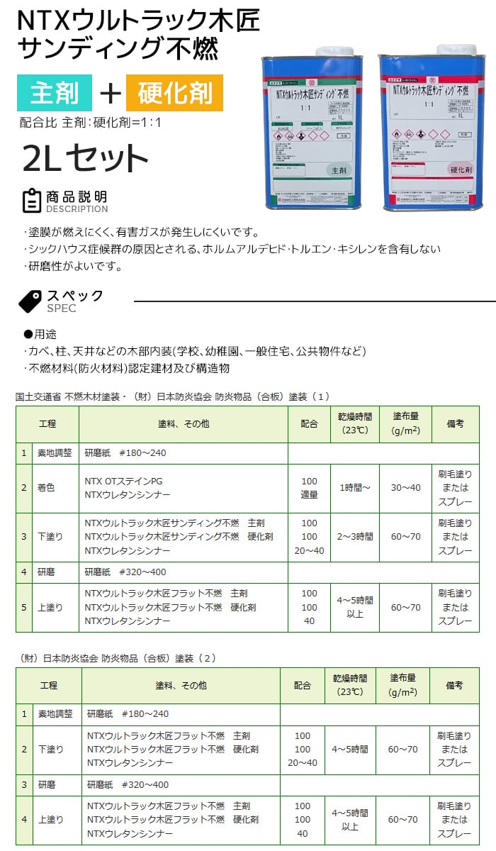 【大阪塗料】NTXウルトラック木匠サンディング不燃(主剤・硬化剤セット) 2L 透明