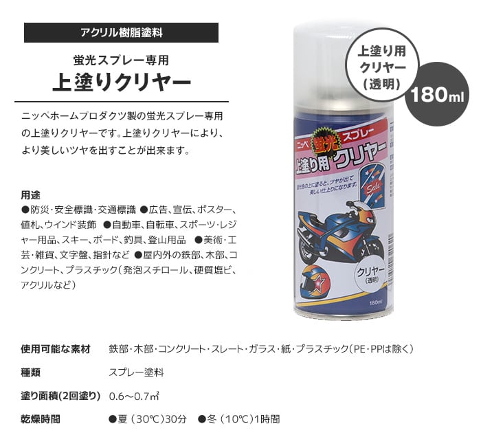 スプレー塗料 蛍光スプレー専用 上塗り用クリヤー 180ml