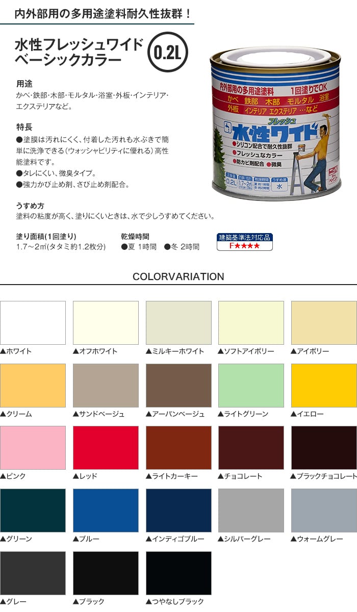 水性塗料 多用途 水性フレッシュワイド ベーシックカラー 0.2L