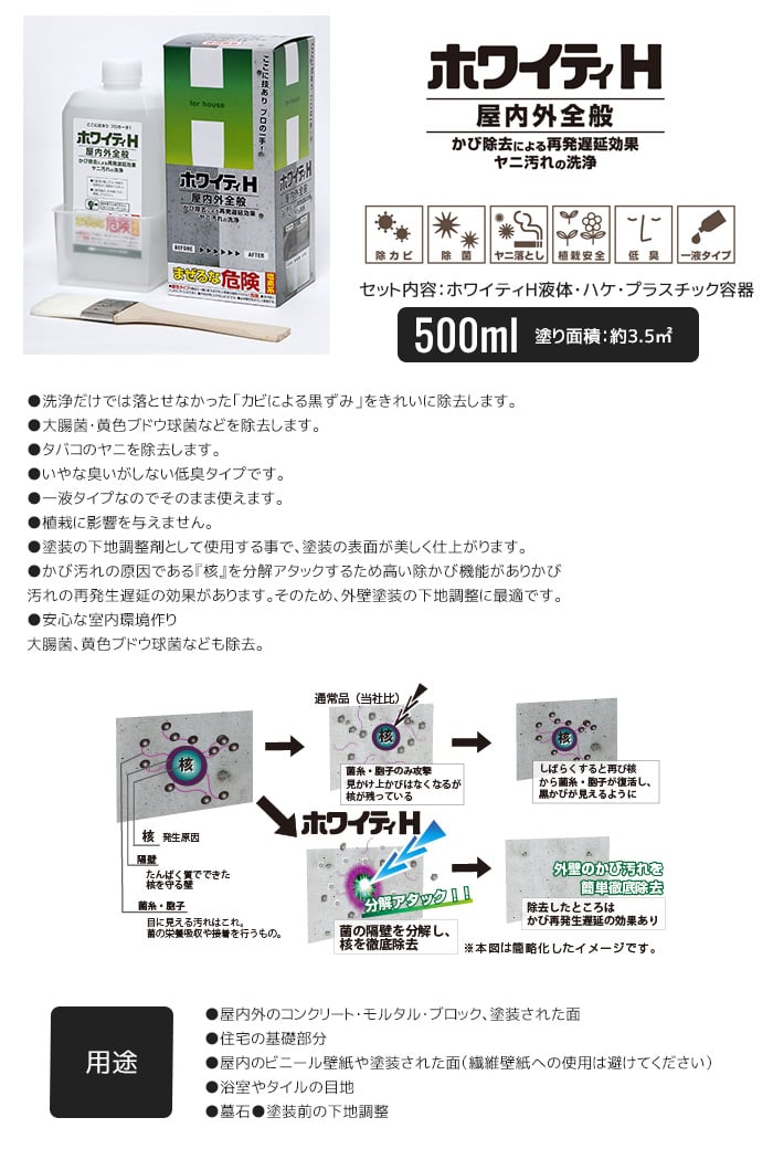 カビの黒ずみを分解 頑固なヤニも除去する ホワイティH 500ml