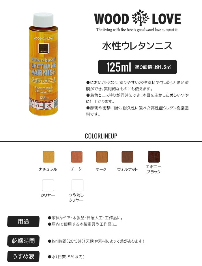 木部塗料 WOODLOVE 水性ウレタンニス 125ml