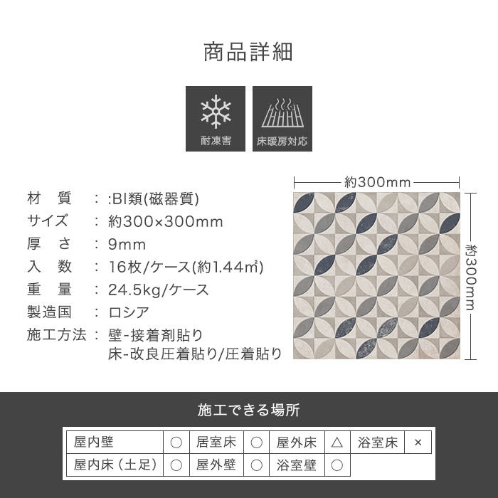 タイル 300角 柄 モルタル風 壁 床 お風呂 300×300×9mm 16枚入 コリアーノ デコール