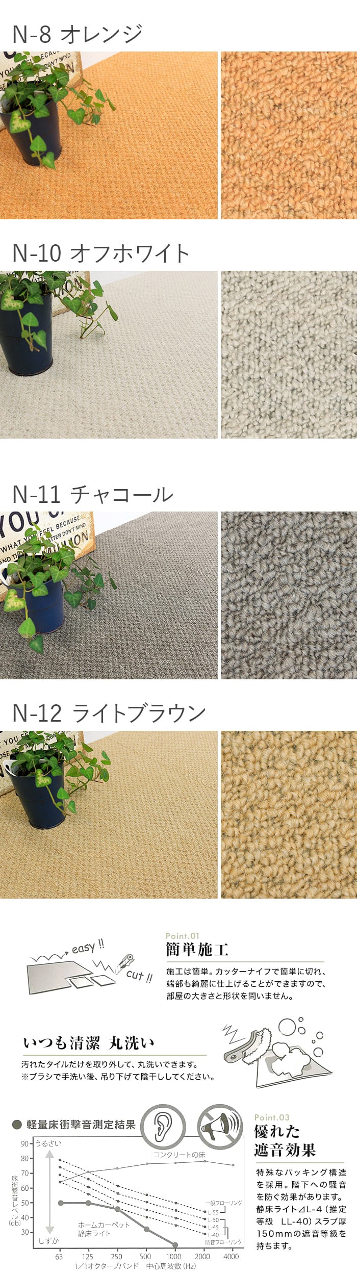 タイルカーペット 防音 静床ライト 50cm×50cm 9.5mm厚 10枚入