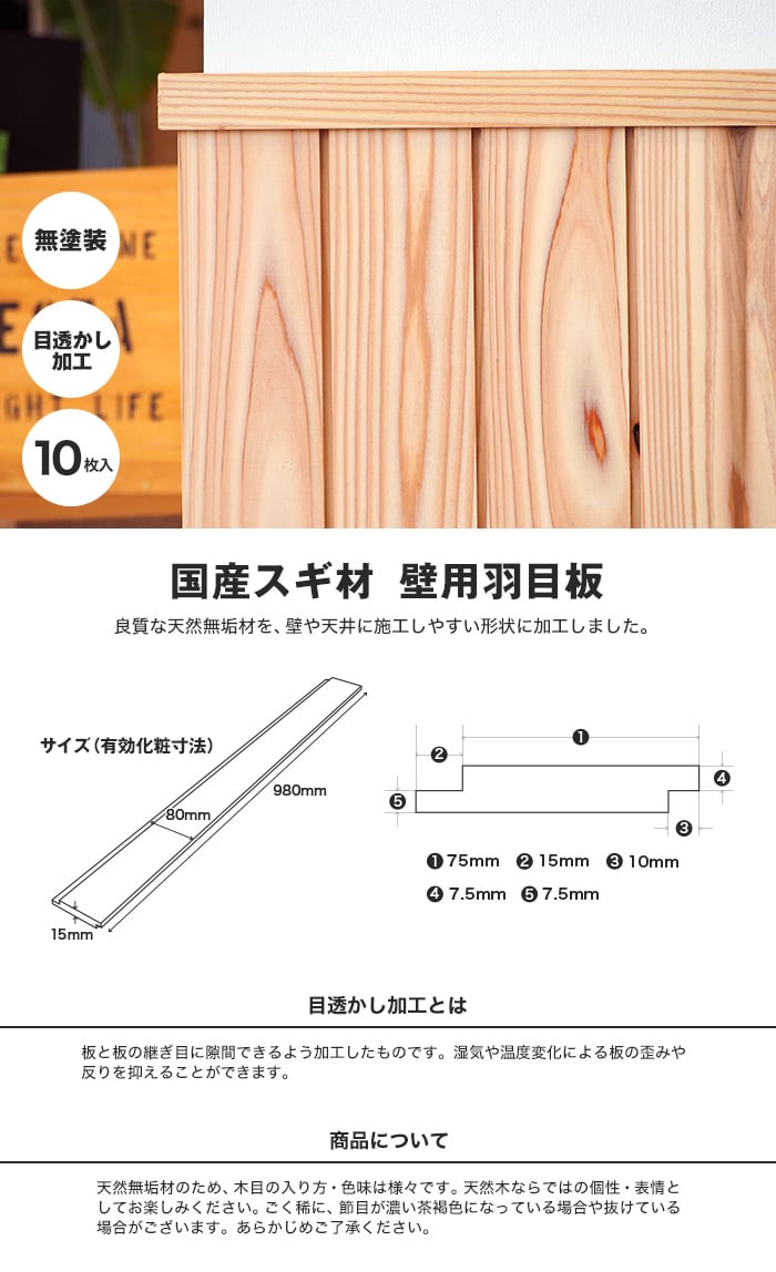 腰壁 羽目板 日本製スギ 杉 壁用 無塗装 目透かし加工(10枚入り)