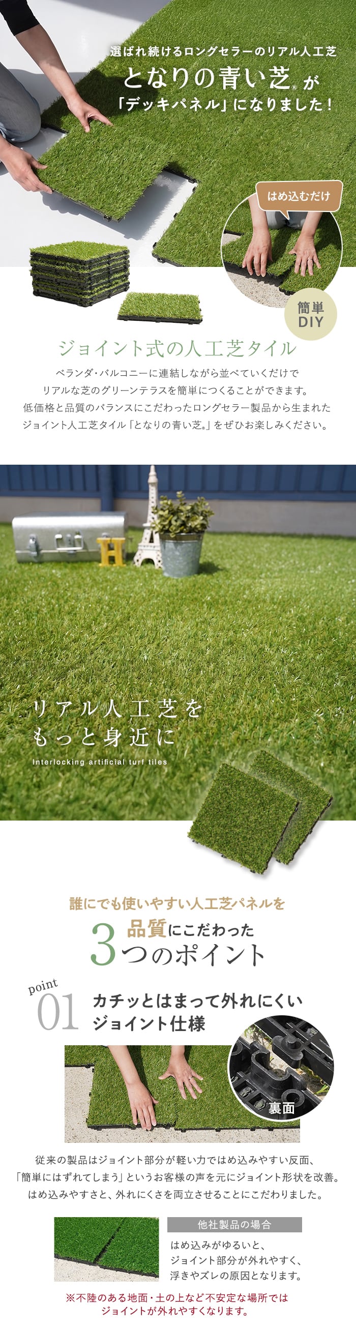 【15枚入】 ジョイント人工芝タイル ビテラス 「となりの青い芝」 20mm丈 30×30 ベランダ DIY