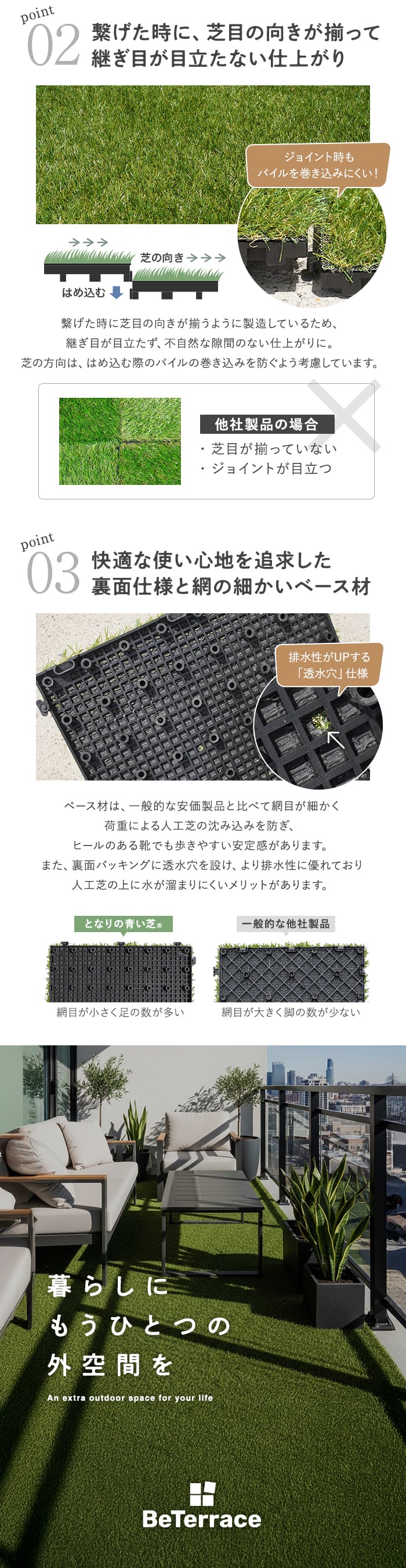 【15枚入】 ジョイント人工芝タイル ビテラス 「となりの青い芝」 20mm丈 30×30 ベランダ DIY