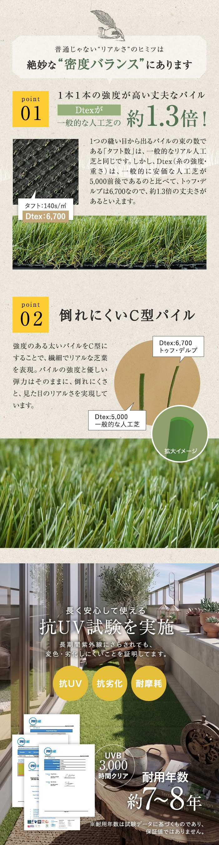 絶妙な密度バランスが生む天然芝のような質感