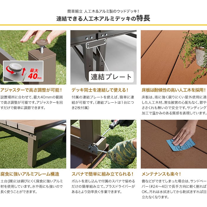 【T型シリーズ】連結できる人工木アルミデッキ 90タイプ 長さ90cm×幅90cm×高さ40cm